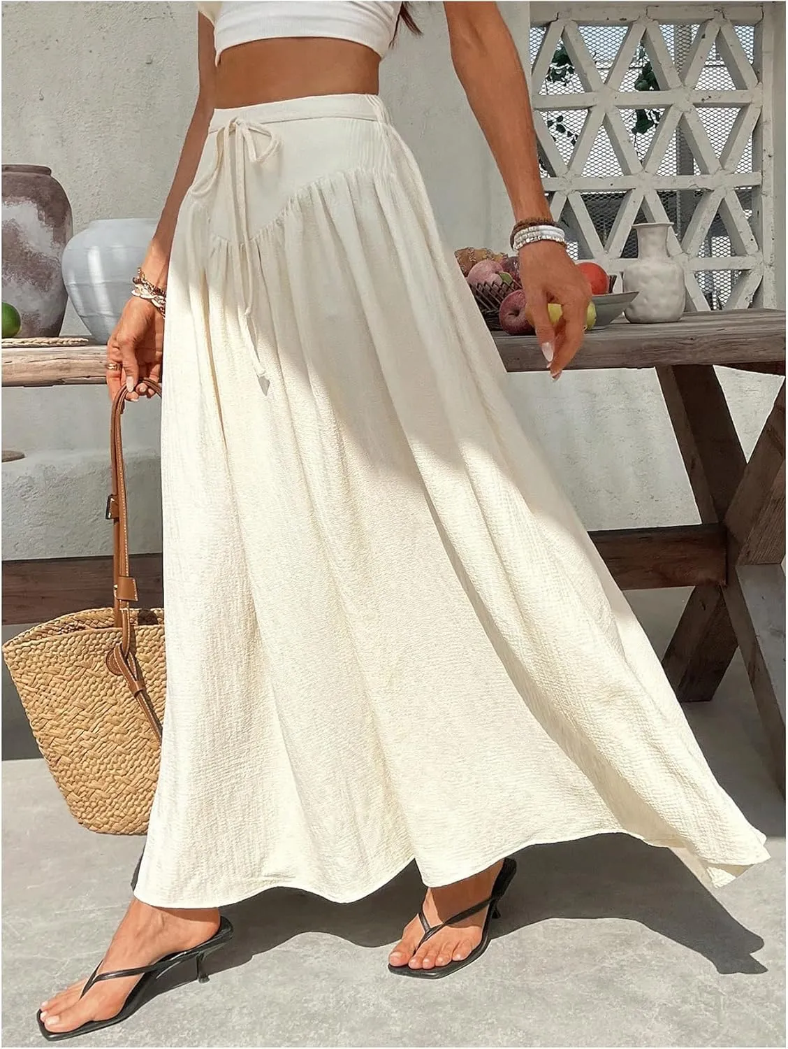 Verdusa Women's Drawstring High Waist Flowy Skirts Coquette Textured Flared Maxi Skirt