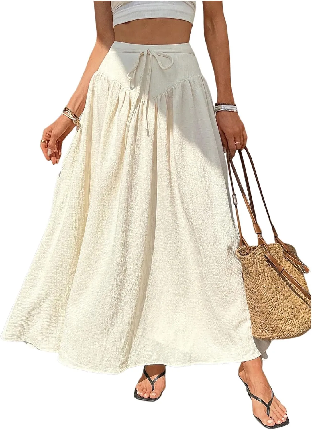 Verdusa Women's Drawstring High Waist Flowy Skirts Coquette Textured Flared Maxi Skirt