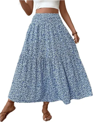 Verdusa Women's Floral Print Tiered Layered Long Skirt A Line Flowy Skirt