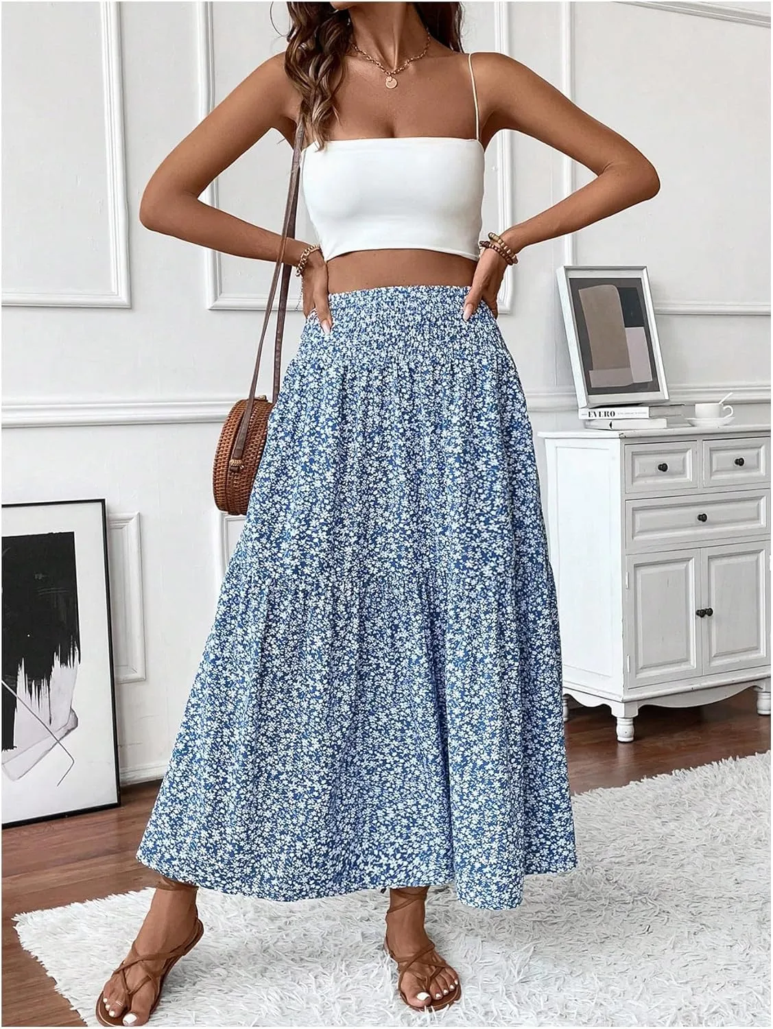 Verdusa Women's Floral Print Tiered Layered Long Skirt A Line Flowy Skirt