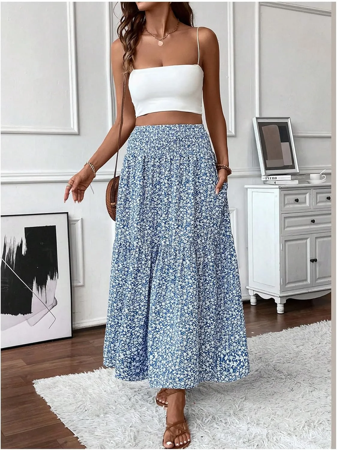 Verdusa Women's Floral Print Tiered Layered Long Skirt A Line Flowy Skirt