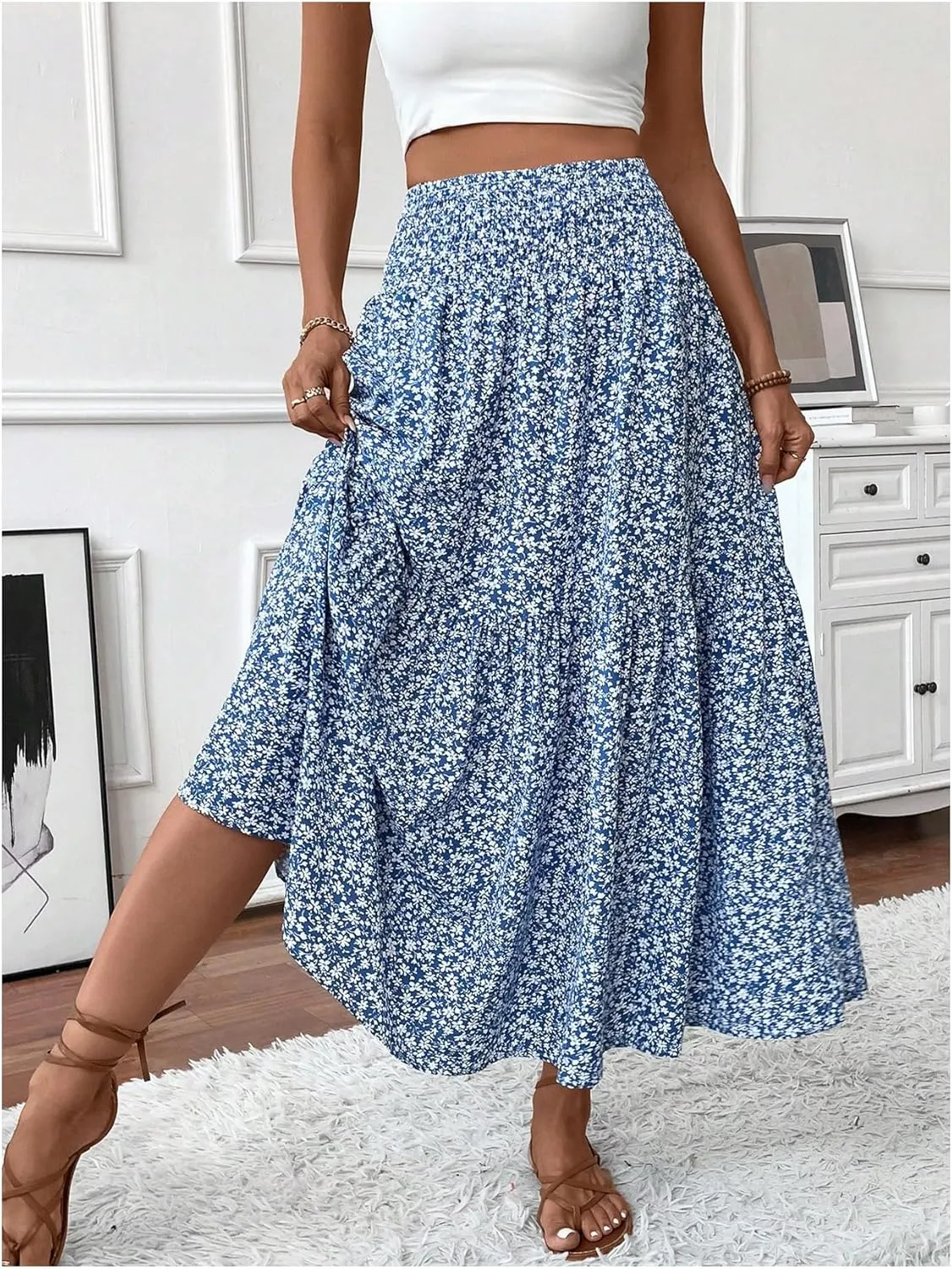 Verdusa Women's Floral Print Tiered Layered Long Skirt A Line Flowy Skirt