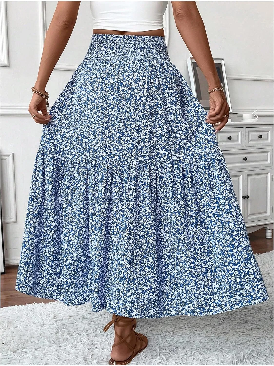 Verdusa Women's Floral Print Tiered Layered Long Skirt A Line Flowy Skirt