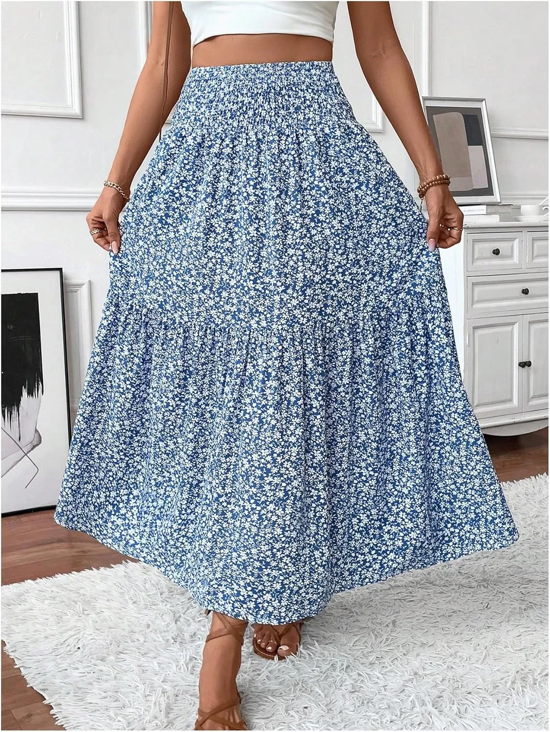 Verdusa Women's Floral Print Tiered Layered Long Skirt A Line Flowy Skirt