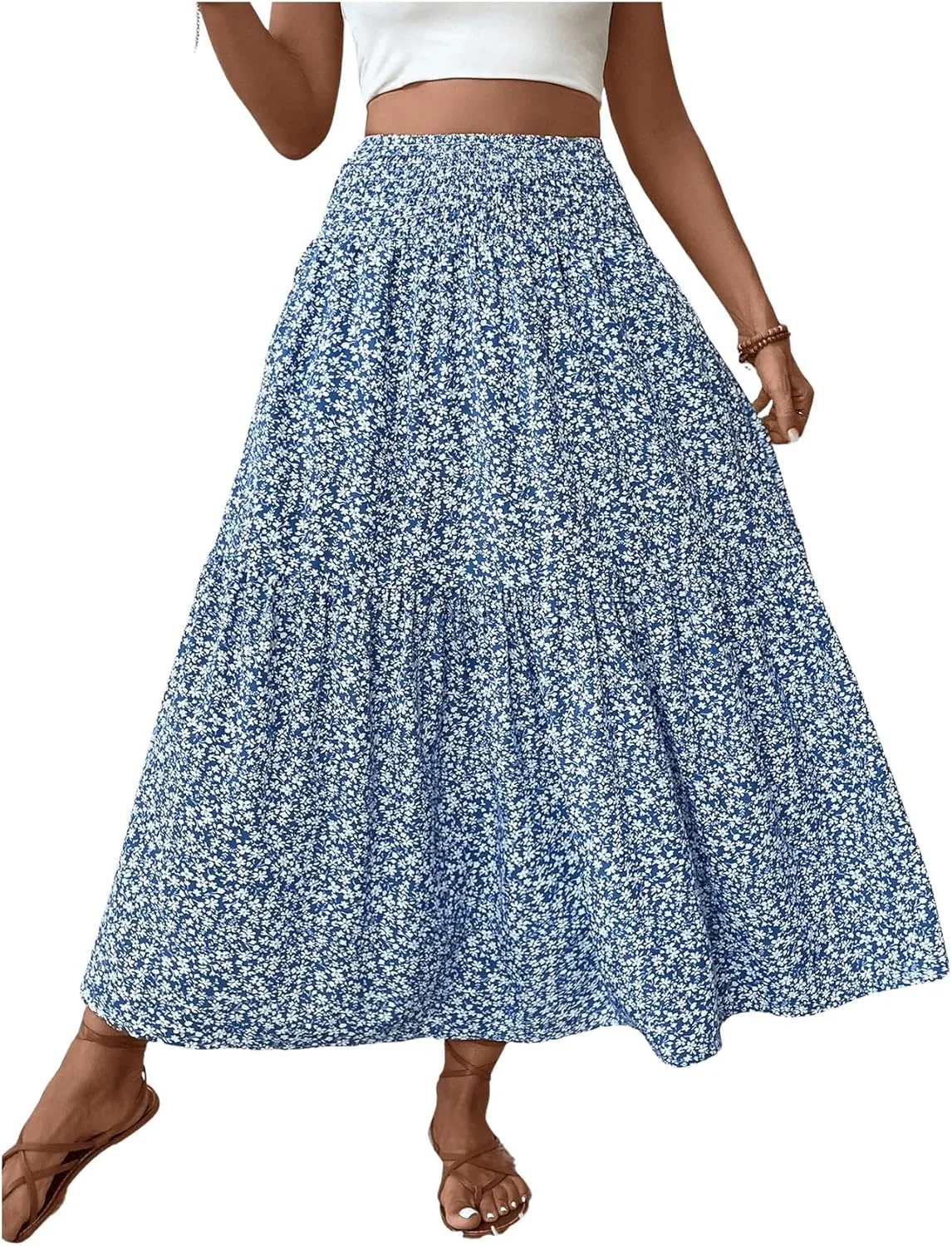 Verdusa Women's Floral Print Tiered Layered Long Skirt A Line Flowy Skirt