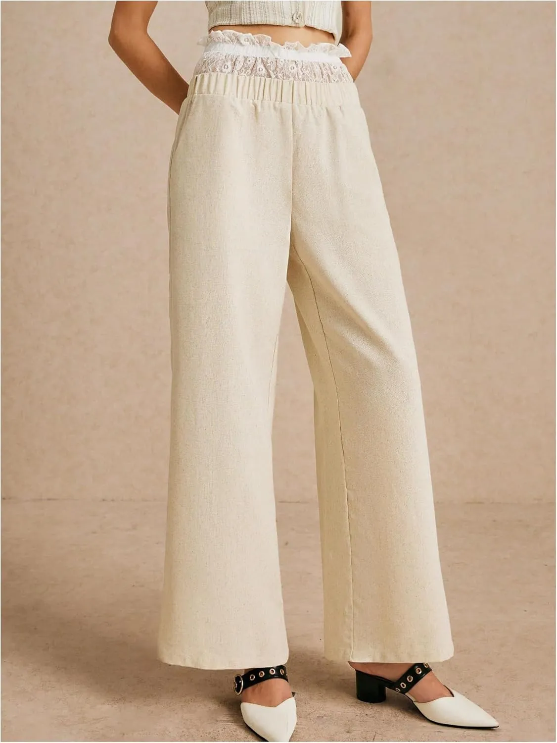 Verdusa Women's Paper Bag High Waist Pants Lace Trim Linen Trousers with Pocket