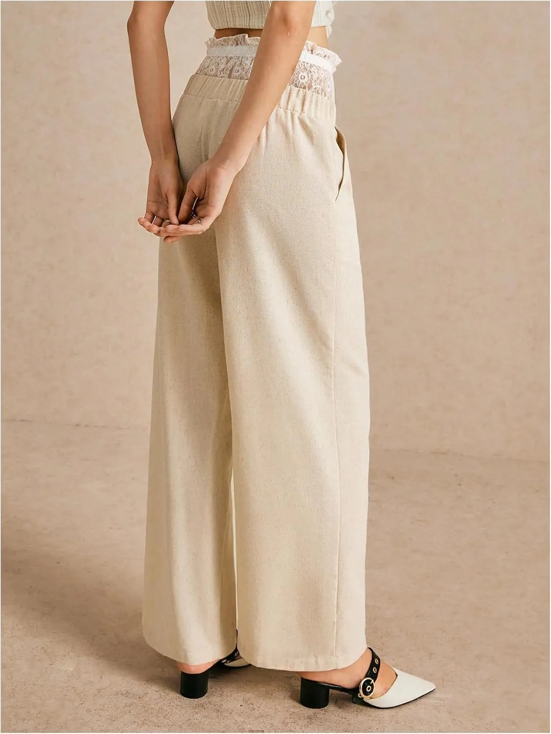 Verdusa Women's Paper Bag High Waist Pants Lace Trim Linen Trousers with Pocket