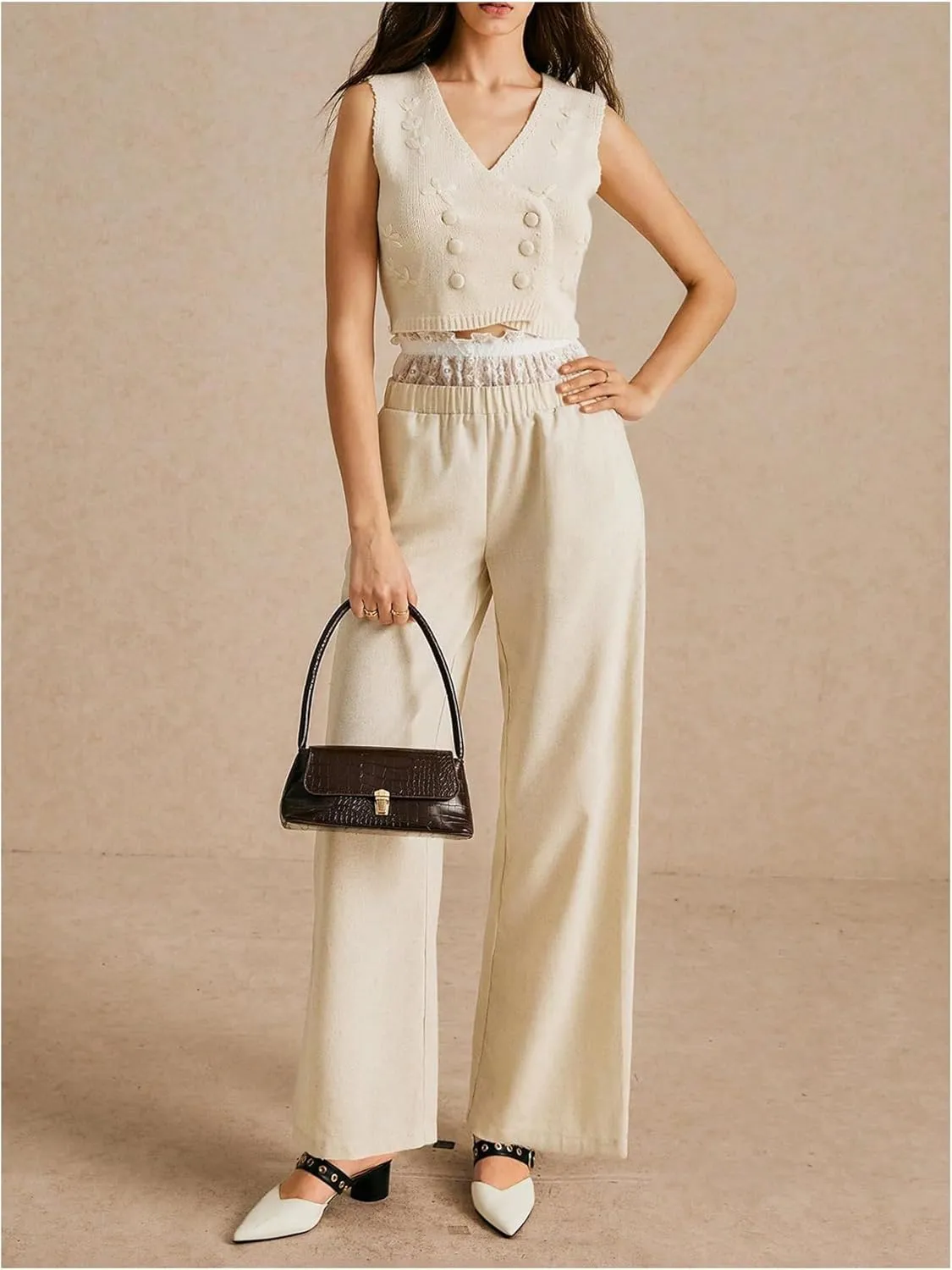 Verdusa Women's Paper Bag High Waist Pants Lace Trim Linen Trousers with Pocket