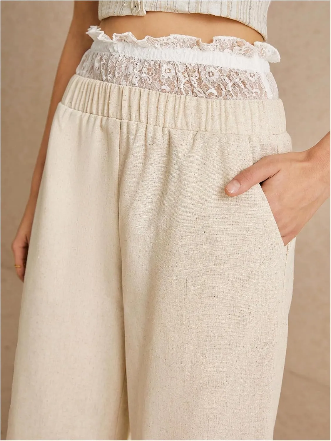 Verdusa Women's Paper Bag High Waist Pants Lace Trim Linen Trousers with Pocket