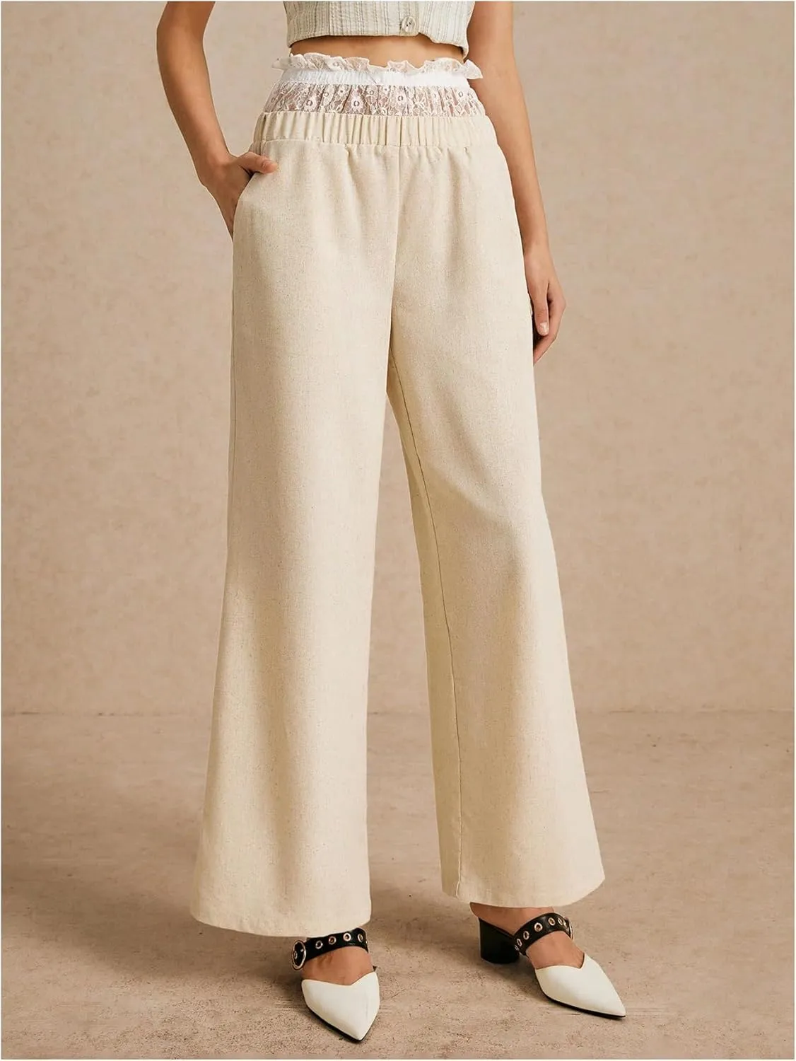 Verdusa Women's Paper Bag High Waist Pants Lace Trim Linen Trousers with Pocket