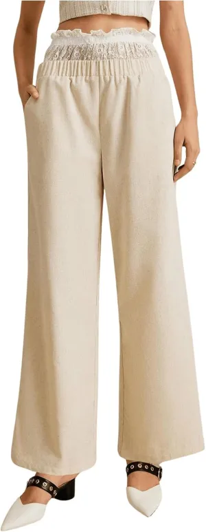 Verdusa Women's Paper Bag High Waist Pants Lace Trim Linen Trousers with Pocket