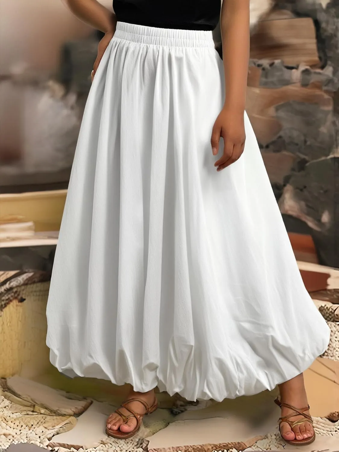 Verdusa Women's Plus Size Y2k Bubble Midi Skirts Elastic Waist Pleated A Line Flared Skirt