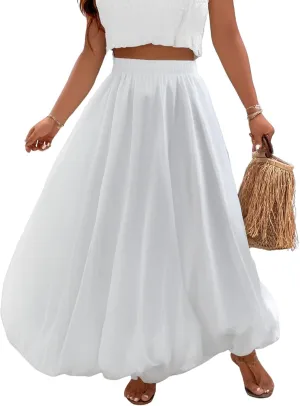 Verdusa Women's Plus Size Y2k Bubble Midi Skirts Elastic Waist Pleated A Line Flared Skirt