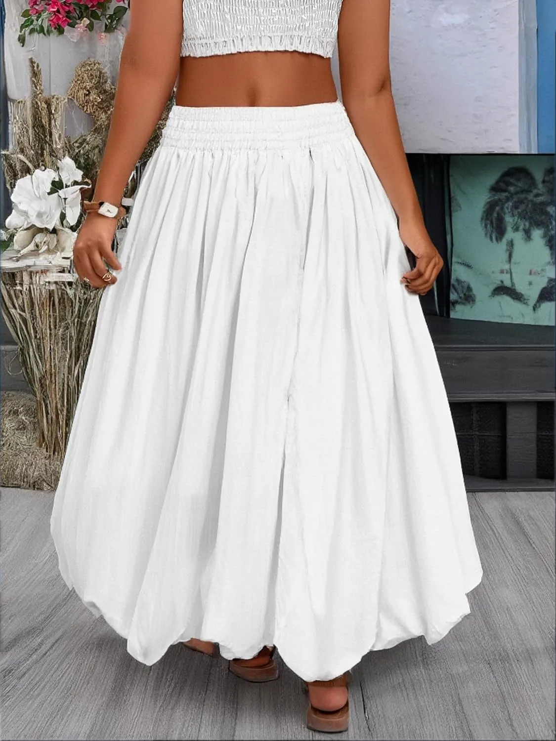 Verdusa Women's Plus Size Y2k Bubble Midi Skirts Elastic Waist Pleated A Line Flared Skirt