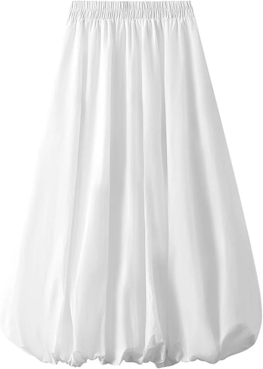 Verdusa Women's Plus Size Y2k Bubble Midi Skirts Elastic Waist Pleated A Line Flared Skirt