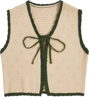 Verdusa Women's Sweater Vest Fall Fashion Trendy Tops Tie Front Sleeveless Crochet Knit Top