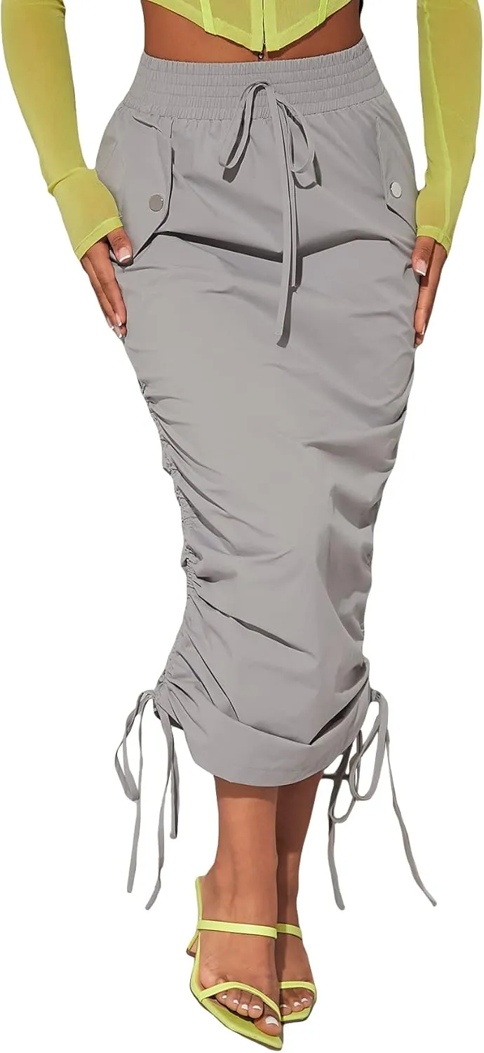 Verdusa Women's Y2K Drawstring Ruched Elastic Waist Long Cargo Skirt with Pocket