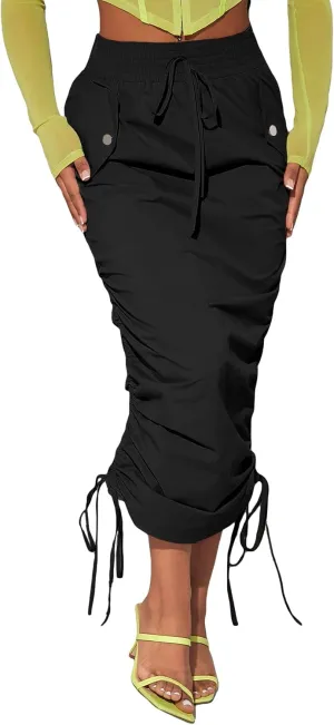 Verdusa Women's Y2K Drawstring Ruched Elastic Waist Long Cargo Skirt with Pocket