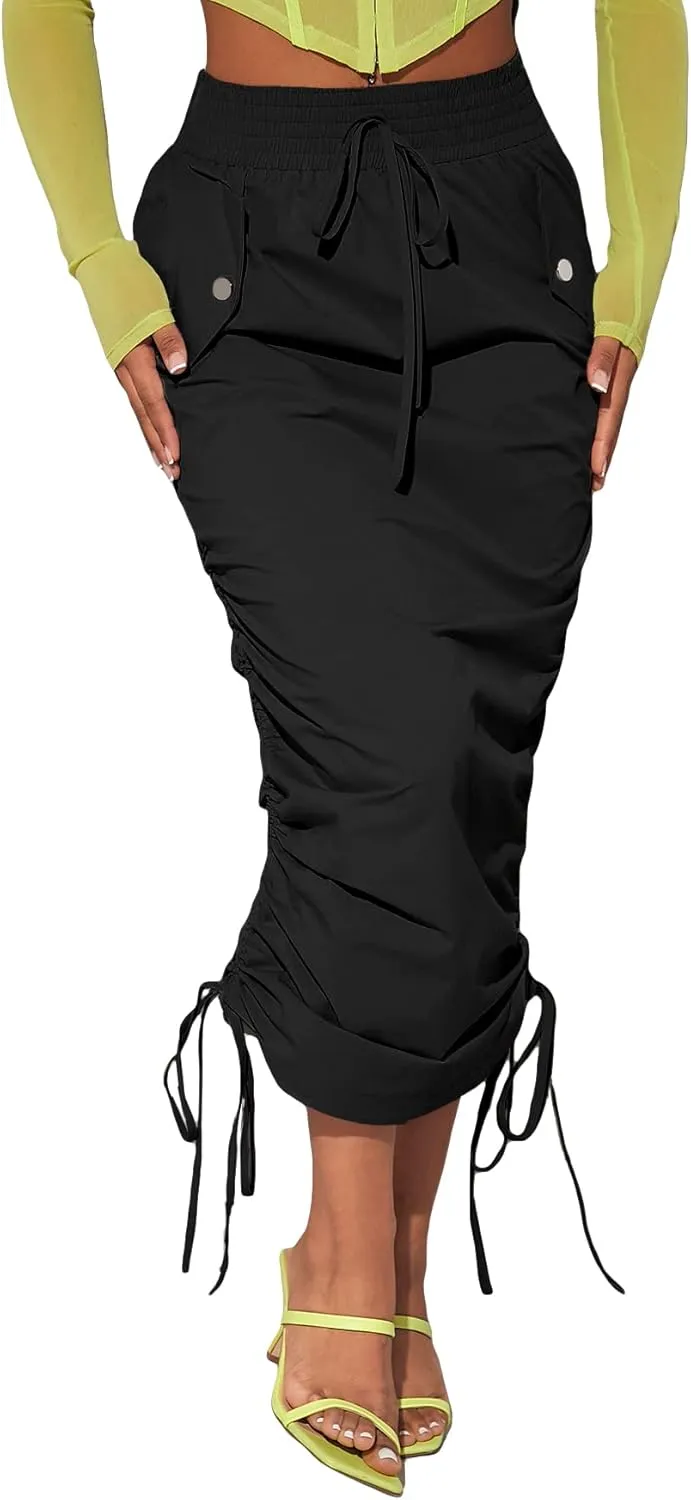 Verdusa Women's Y2K Drawstring Ruched Elastic Waist Long Cargo Skirt with Pocket