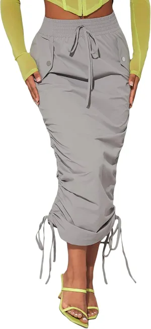 Verdusa Women's Y2K Drawstring Ruched Elastic Waist Long Cargo Skirt with Pocket