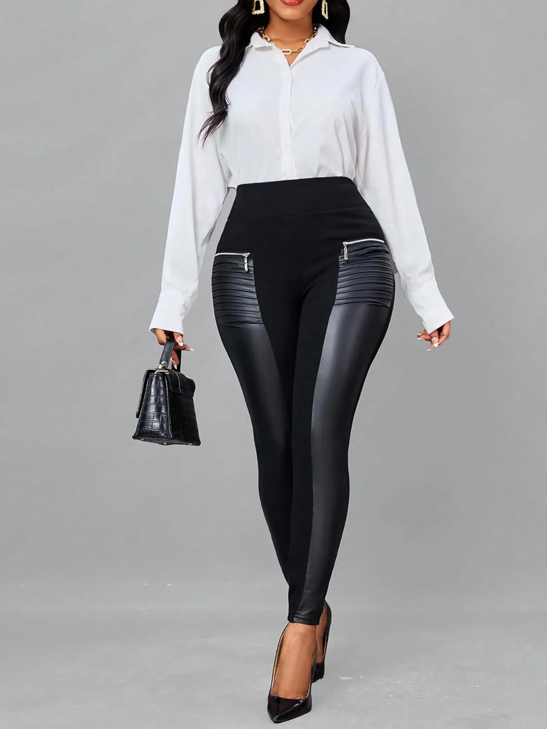 WDIRARA Women's High Waisted PU Leather Leggings Ruched Zipper Skinny Pants