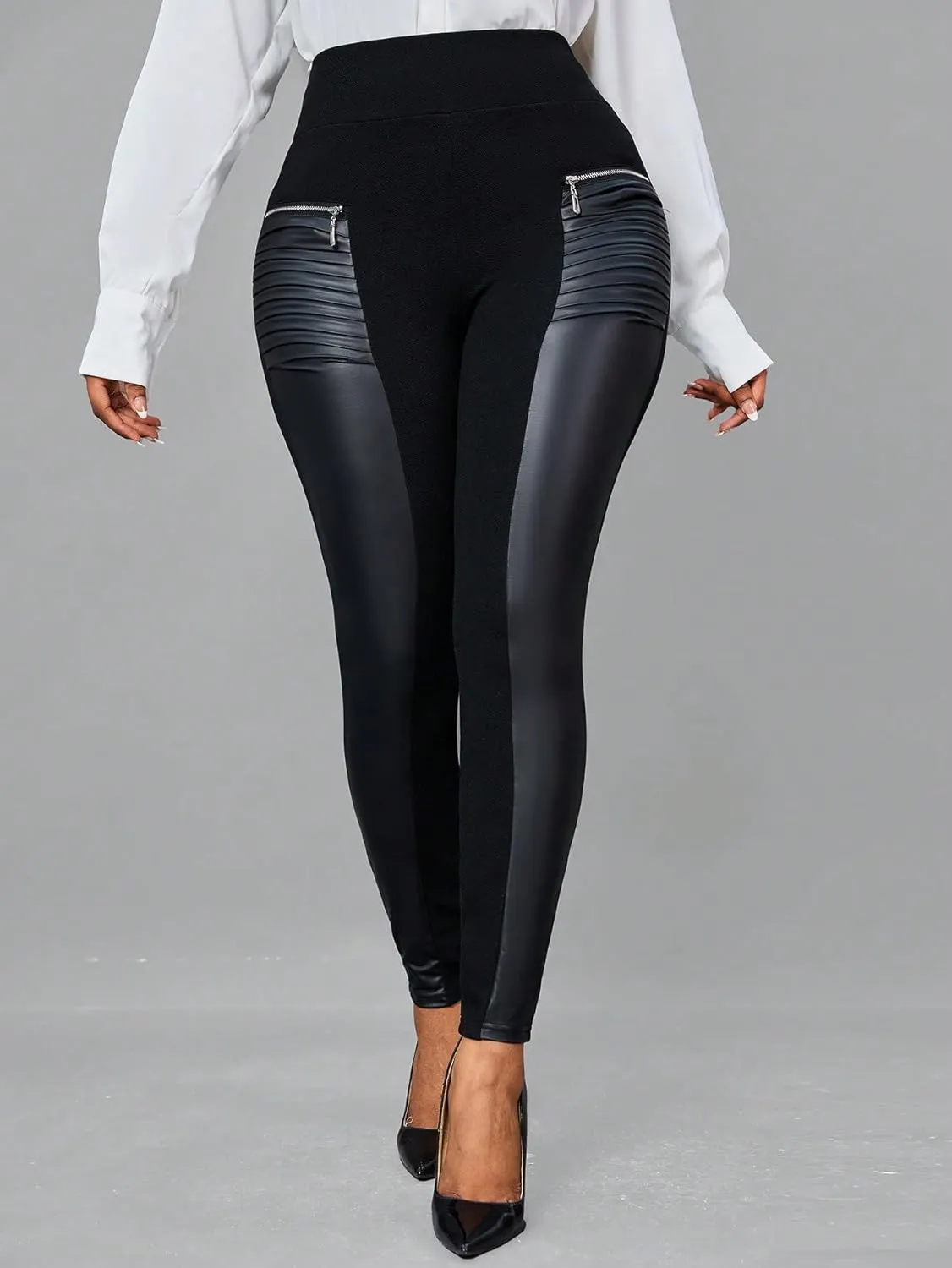 WDIRARA Women's High Waisted PU Leather Leggings Ruched Zipper Skinny Pants
