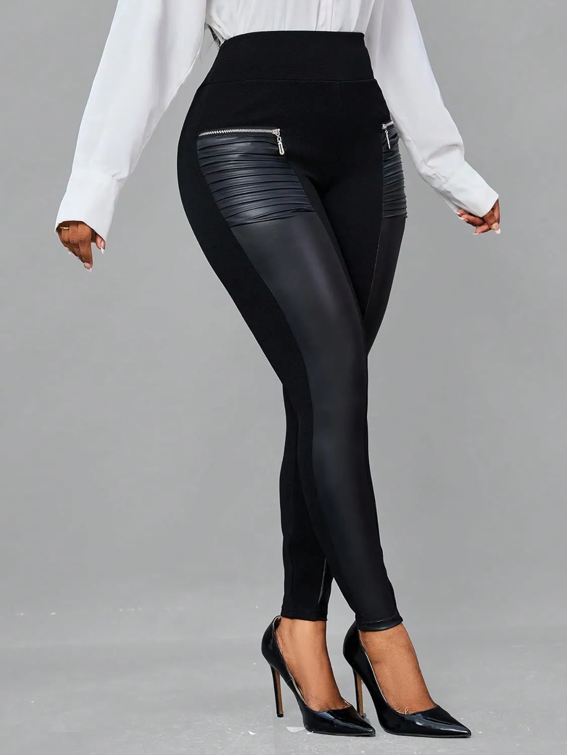 WDIRARA Women's High Waisted PU Leather Leggings Ruched Zipper Skinny Pants