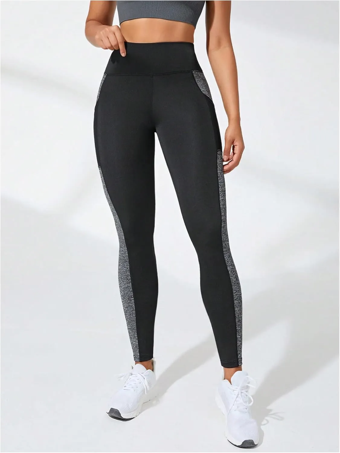 WDIRARA Women's High Waisted Yoga Pants Color Block Tummy Control Athletic Workout Leggings with Pockets