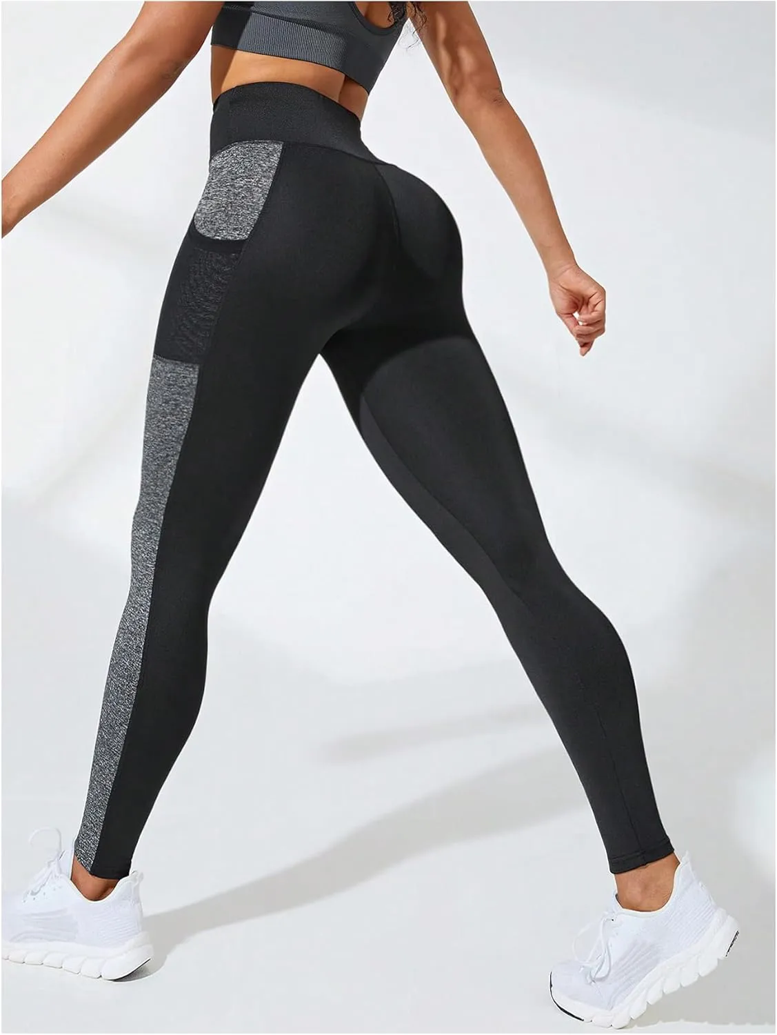 WDIRARA Women's High Waisted Yoga Pants Color Block Tummy Control Athletic Workout Leggings with Pockets