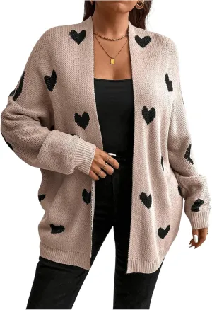 WDIRARA Women's Plus Size Open Front Heart Graphic Cardigan Long Sleeve Sweater Loose Knitted Outerwear