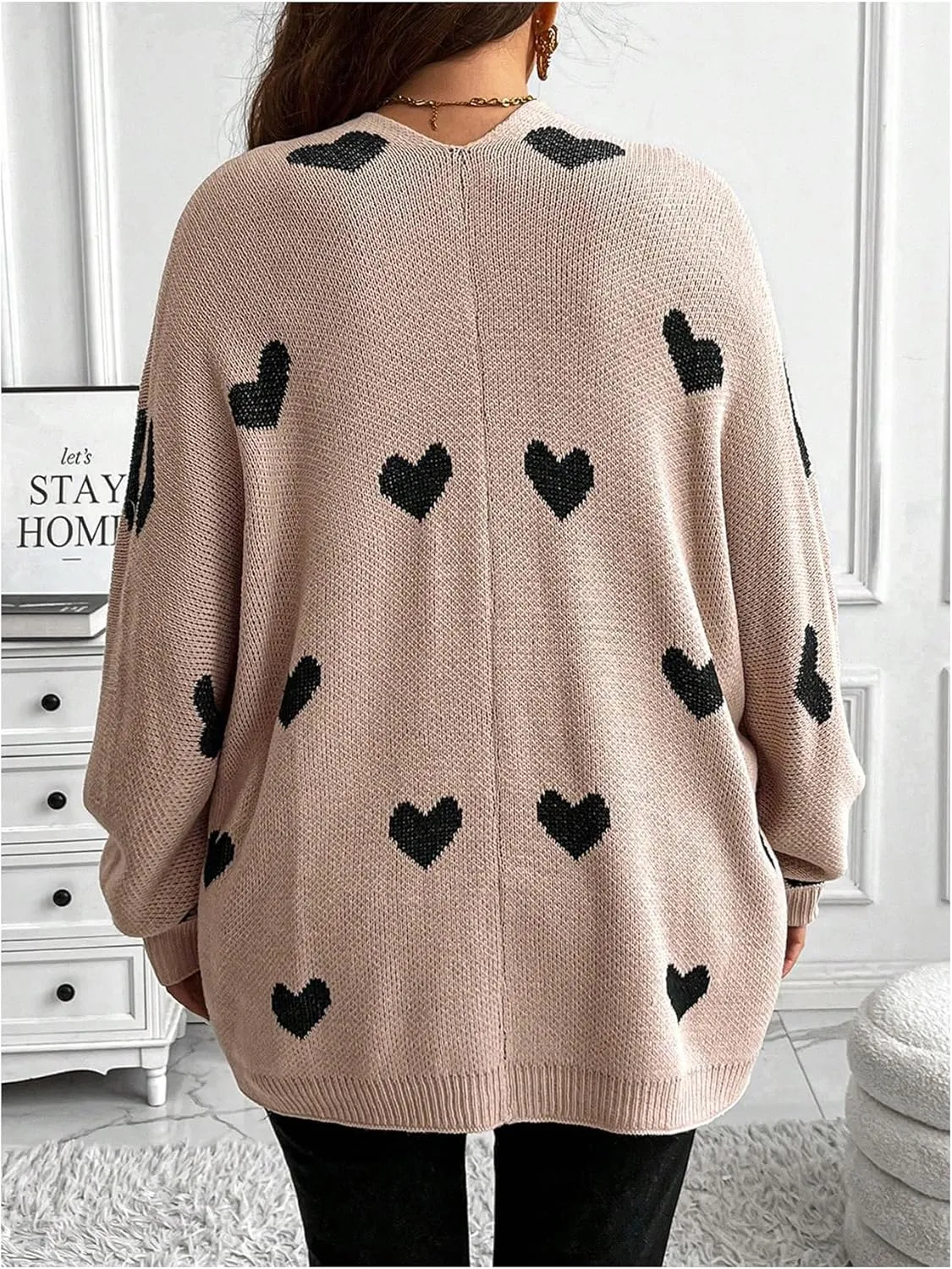 WDIRARA Women's Plus Size Open Front Heart Graphic Cardigan Long Sleeve Sweater Loose Knitted Outerwear