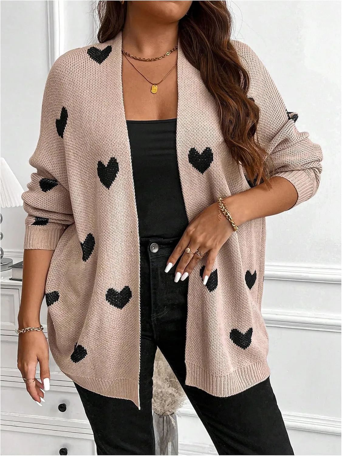 WDIRARA Women's Plus Size Open Front Heart Graphic Cardigan Long Sleeve Sweater Loose Knitted Outerwear