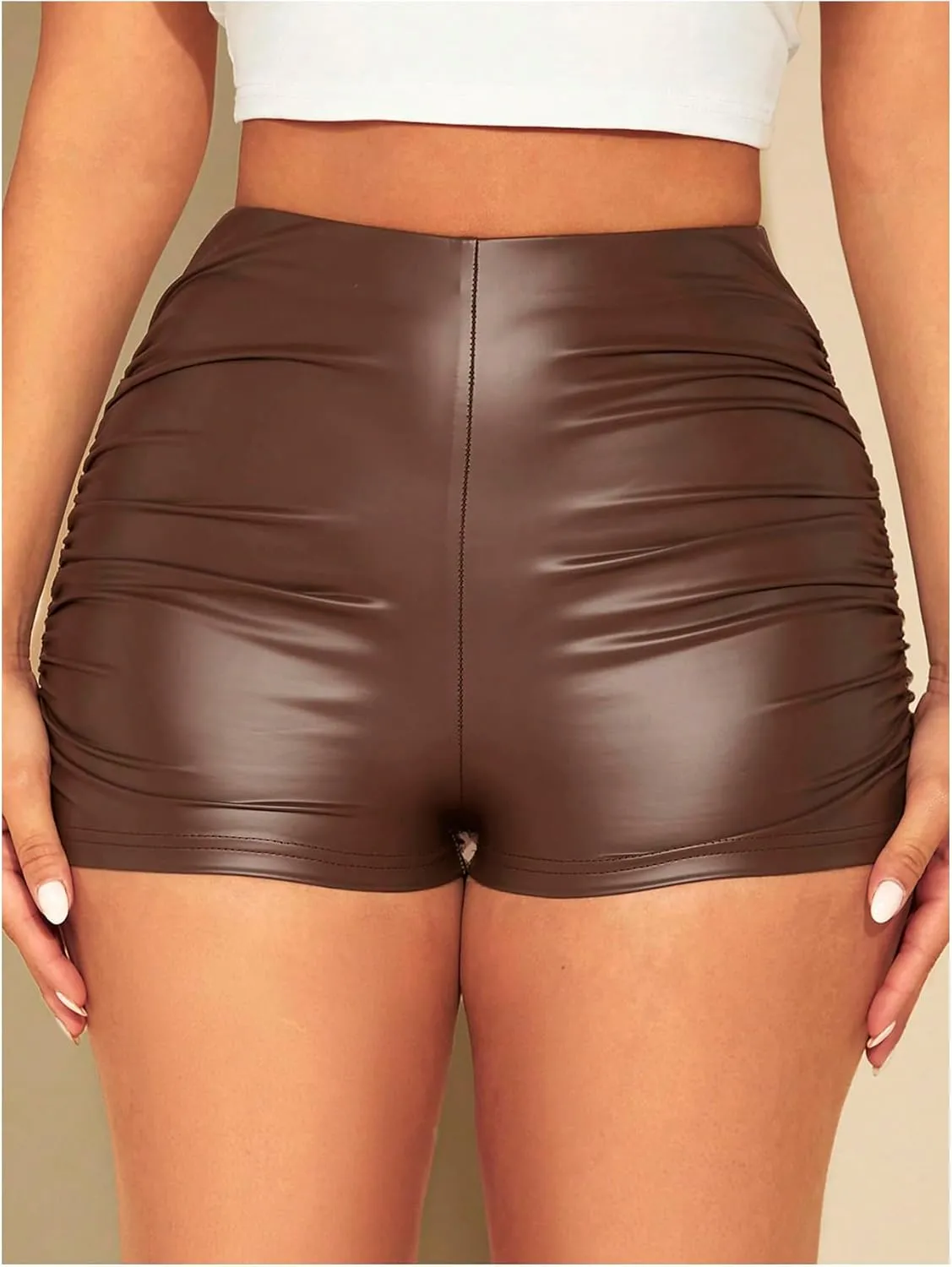WDIRARA Women's Sexy Faux Leather Skinny High Waisted Shorts Ruched Stretch Short Pants