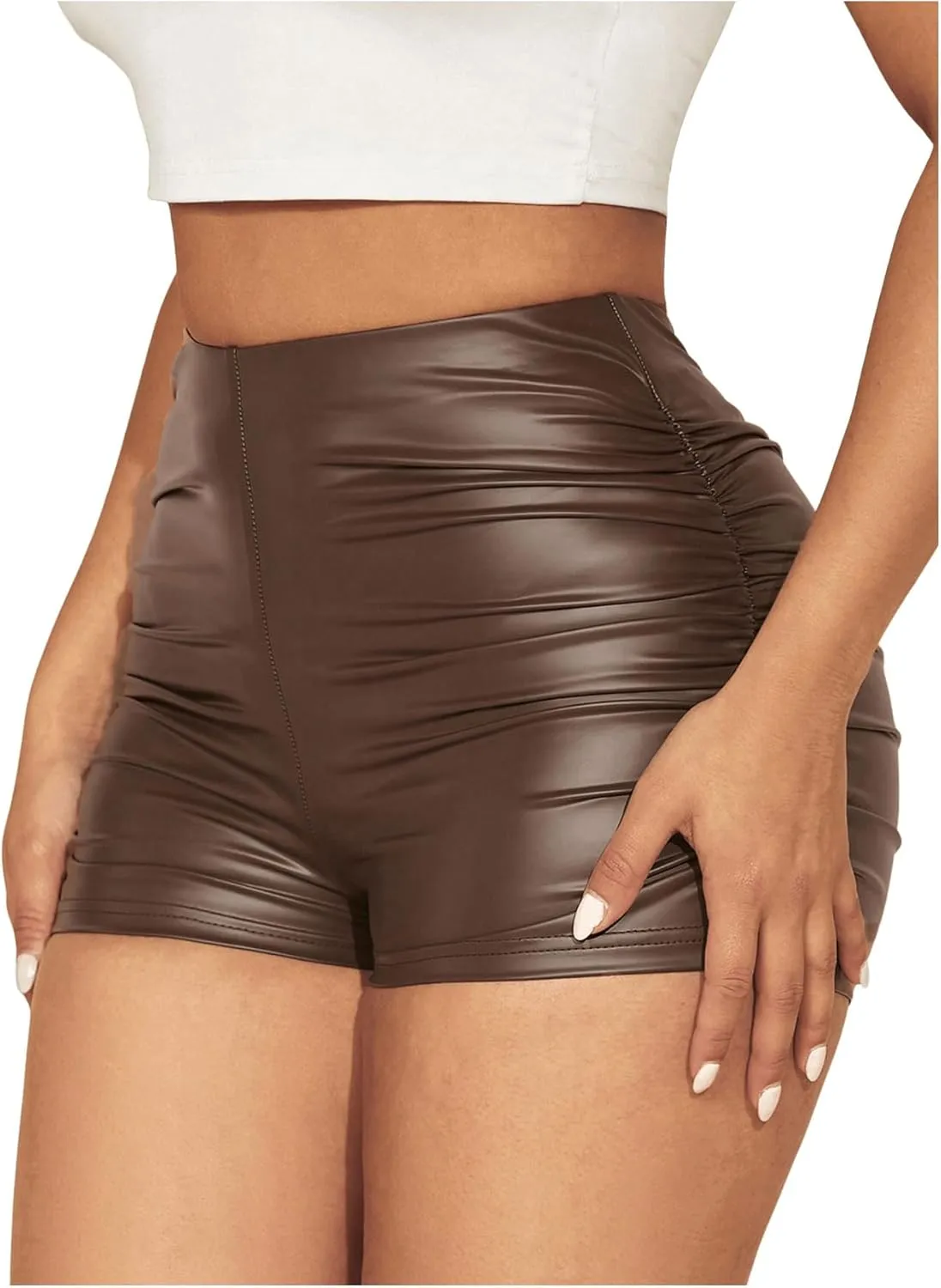 WDIRARA Women's Sexy Faux Leather Skinny High Waisted Shorts Ruched Stretch Short Pants