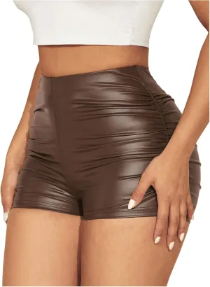 WDIRARA Women's Sexy Faux Leather Skinny High Waisted Shorts Ruched Stretch Short Pants