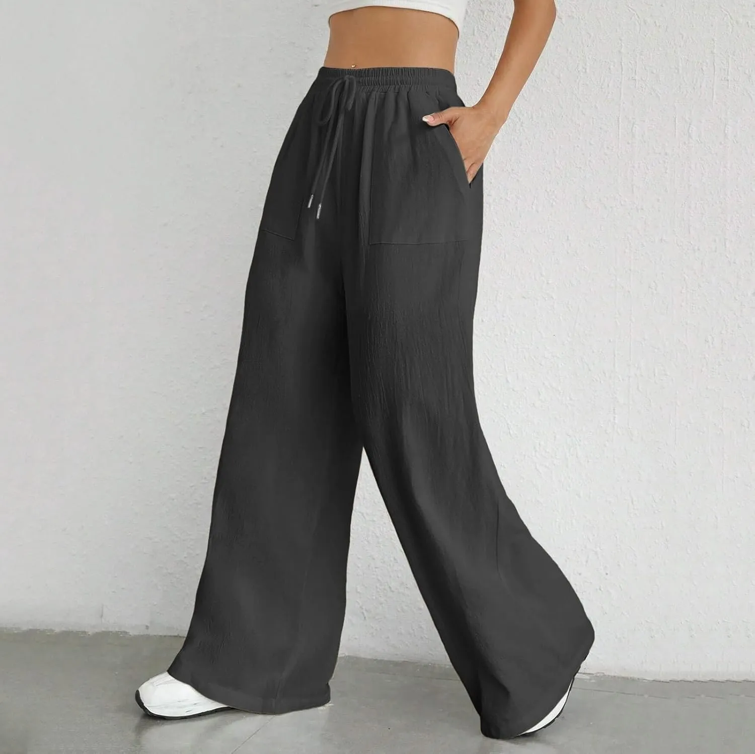 Wide Leg Linen Pants for Women Drawstring High Waist Casual Palazzo Pants Solid Color Loose Fit Trendy Trousers with Pocket