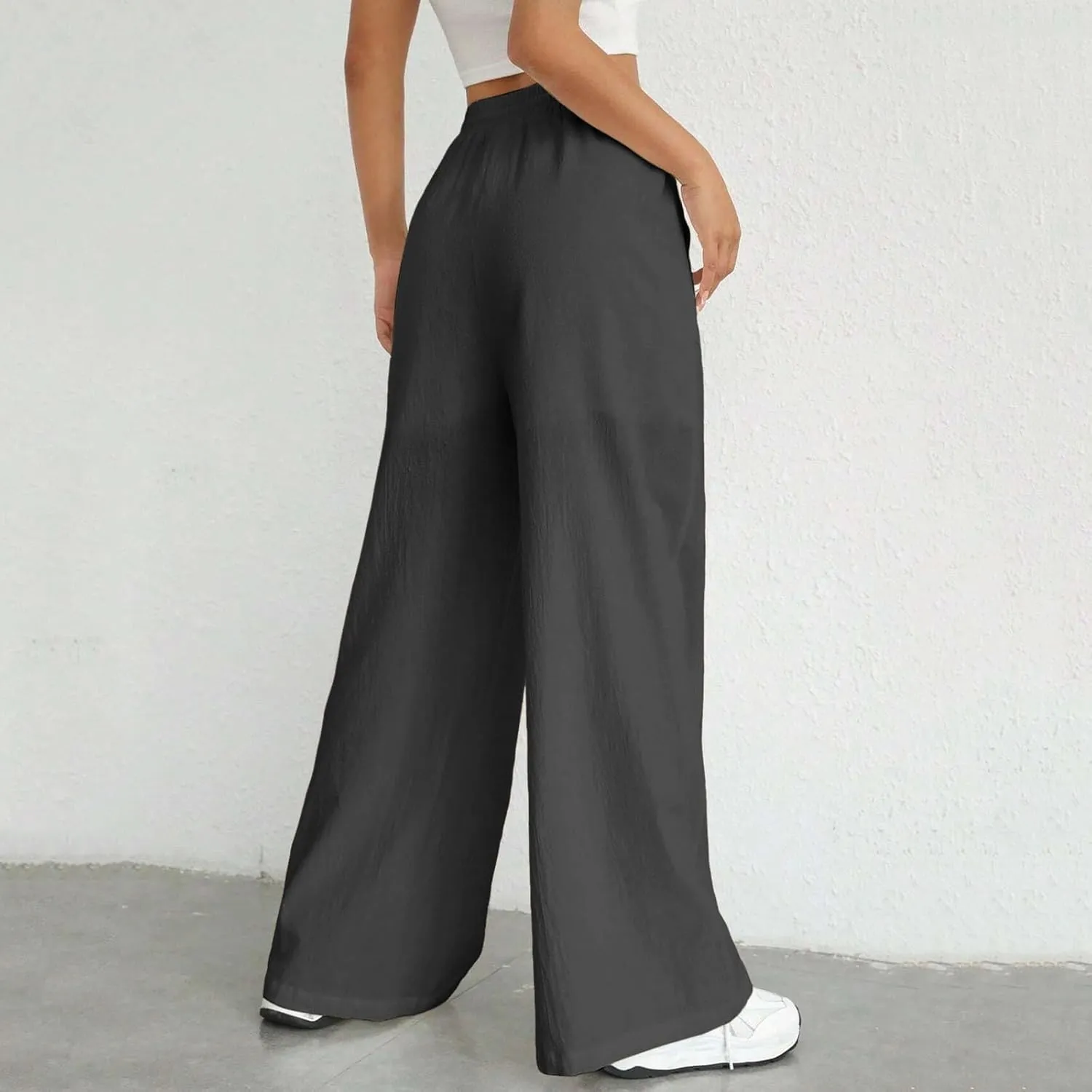Wide Leg Linen Pants for Women Drawstring High Waist Casual Palazzo Pants Solid Color Loose Fit Trendy Trousers with Pocket