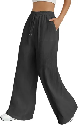 Wide Leg Linen Pants for Women Drawstring High Waist Casual Palazzo Pants Solid Color Loose Fit Trendy Trousers with Pocket