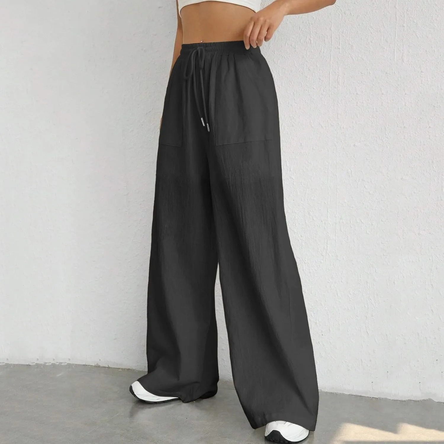 Wide Leg Linen Pants for Women Drawstring High Waist Casual Palazzo Pants Solid Color Loose Fit Trendy Trousers with Pocket