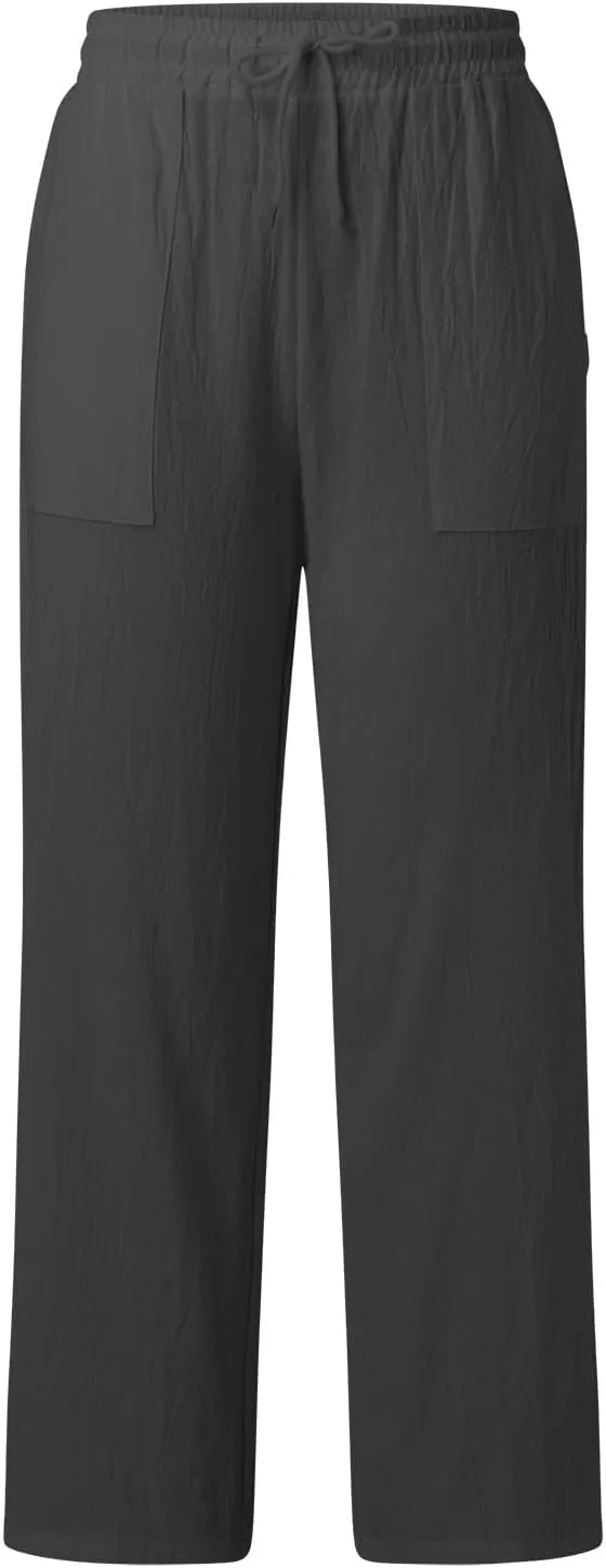 Wide Leg Linen Pants for Women Drawstring High Waist Casual Palazzo Pants Solid Color Loose Fit Trendy Trousers with Pocket