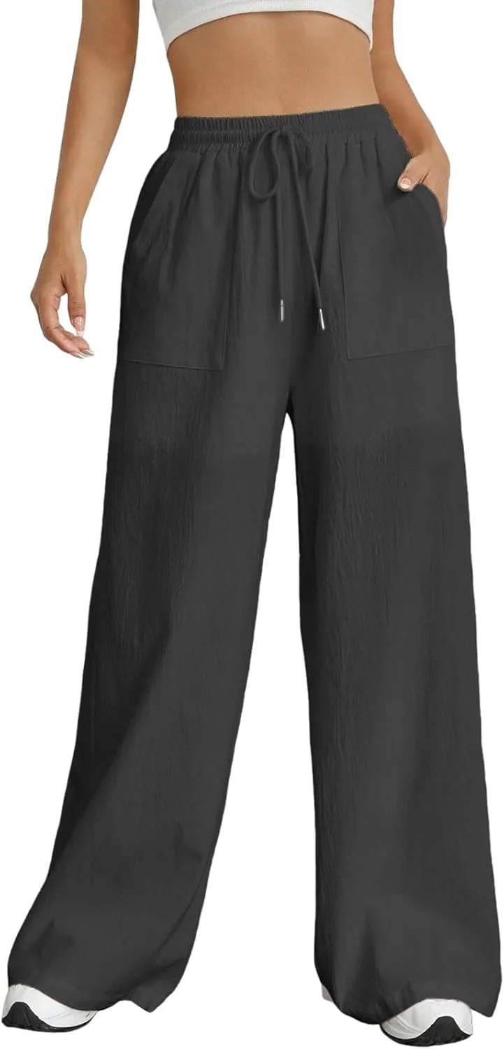 Wide Leg Linen Pants for Women Drawstring High Waist Casual Palazzo Pants Solid Color Loose Fit Trendy Trousers with Pocket