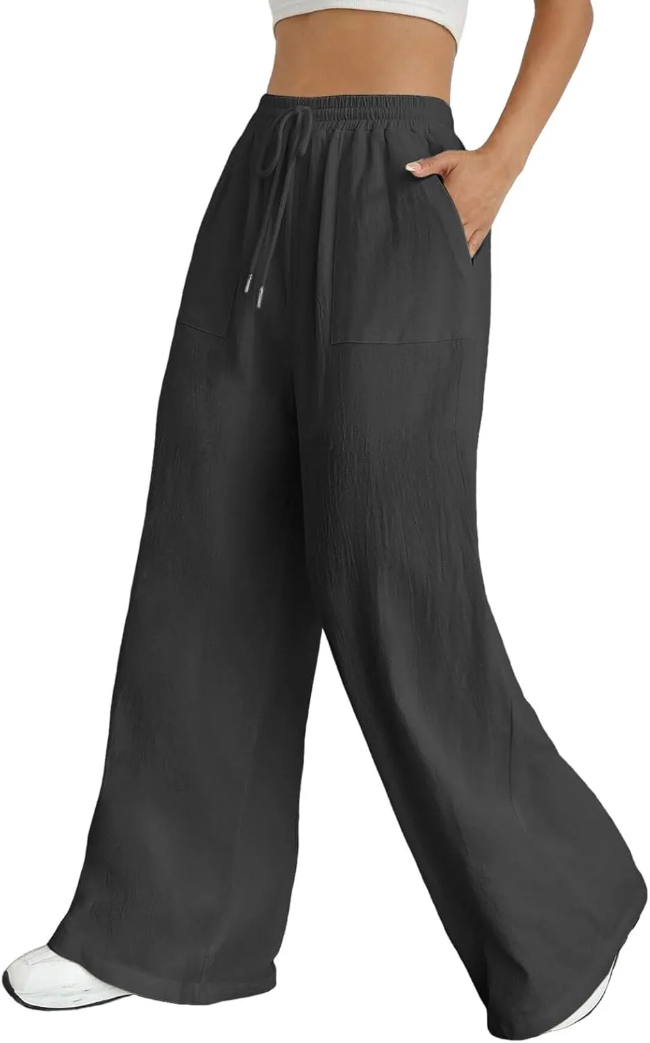 Wide Leg Linen Pants for Women Drawstring High Waist Casual Palazzo Pants Solid Color Loose Fit Trendy Trousers with Pocket