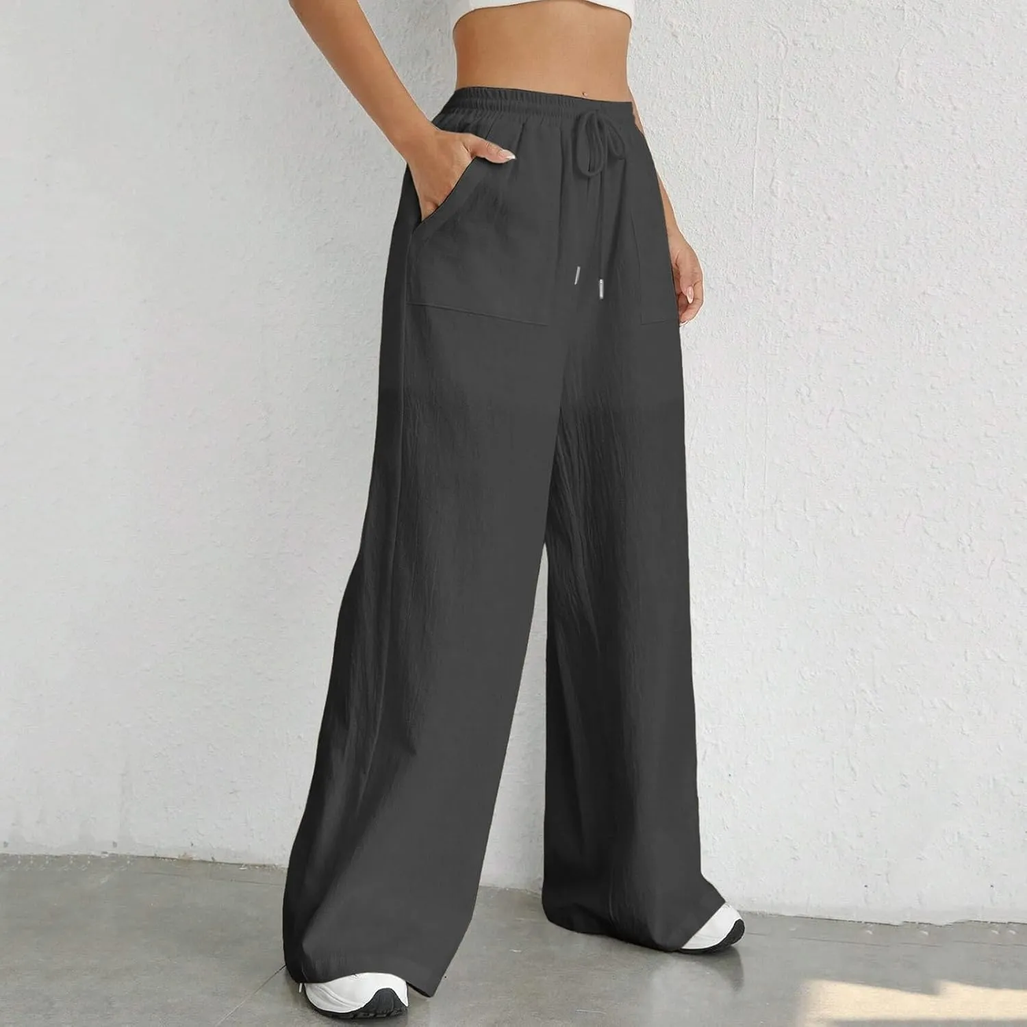 Wide Leg Linen Pants for Women Drawstring High Waist Casual Palazzo Pants Solid Color Loose Fit Trendy Trousers with Pocket