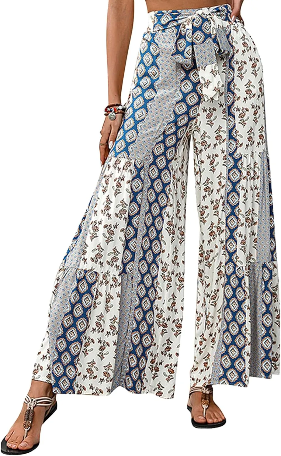 Wide Leg Palazzo Pants for Women Casual Soft High Waisted Boho Print Pants Loose Comfort Stretch Pants
