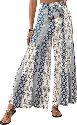 Wide Leg Palazzo Pants for Women Casual Soft High Waisted Boho Print Pants Loose Comfort Stretch Pants