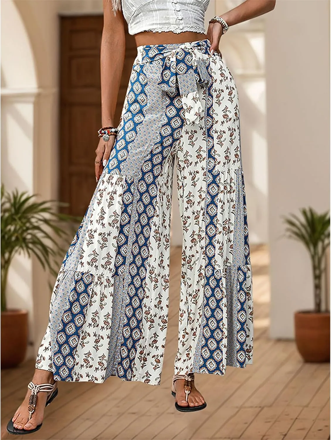 Wide Leg Palazzo Pants for Women Casual Soft High Waisted Boho Print Pants Loose Comfort Stretch Pants
