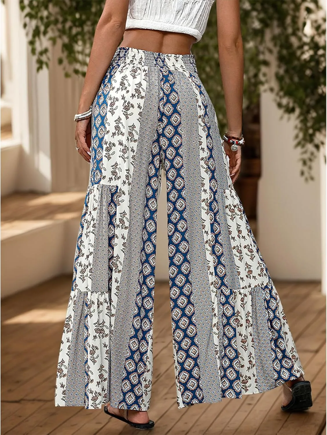 Wide Leg Palazzo Pants for Women Casual Soft High Waisted Boho Print Pants Loose Comfort Stretch Pants