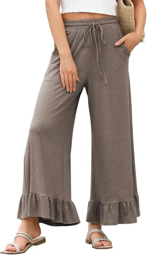 Wide Leg Trouser Pants for Women Drawstring High Waisted Ruffle Hem Palazzo Pants with Pockets Boho Flowy Pants