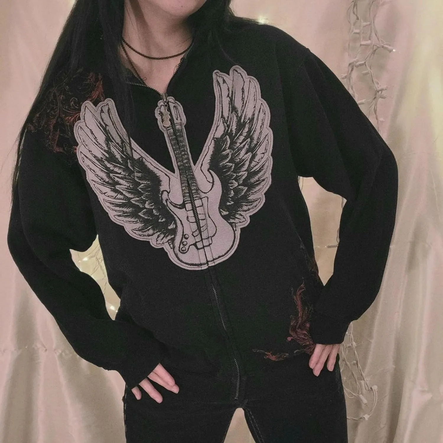Winioder Women Y2K Zip Up Hoodie Vintage Graphic Oversized Hoodies Grunge Aesthetic Sweatshirt Jacket Skeleton Gothic Hoodie