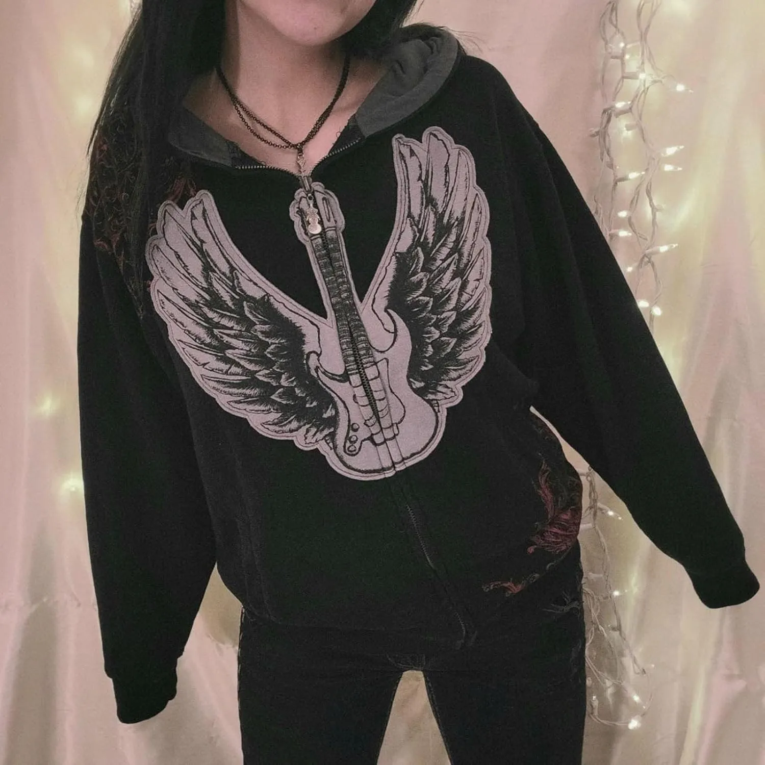 Winioder Women Y2K Zip Up Hoodie Vintage Graphic Oversized Hoodies Grunge Aesthetic Sweatshirt Jacket Skeleton Gothic Hoodie